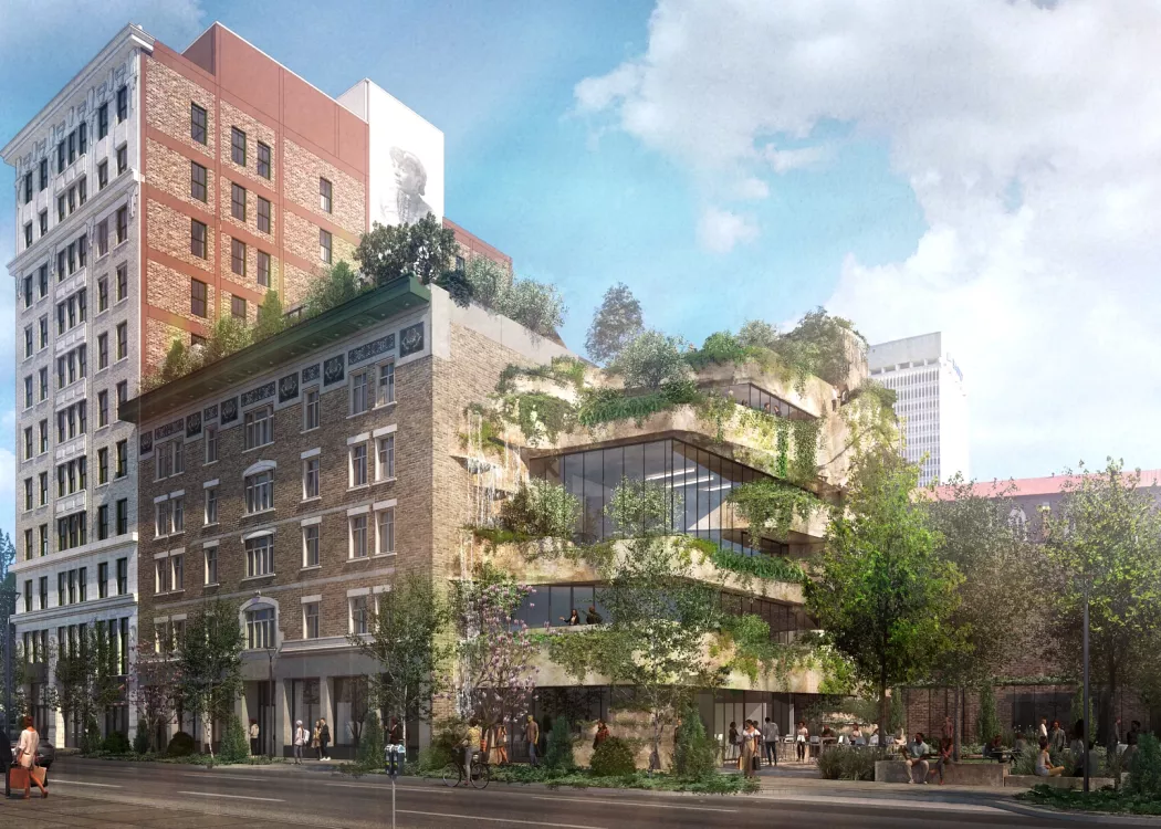 The conceptual rendering of the New Vision of Health Campus shows the importance of green space in the design.