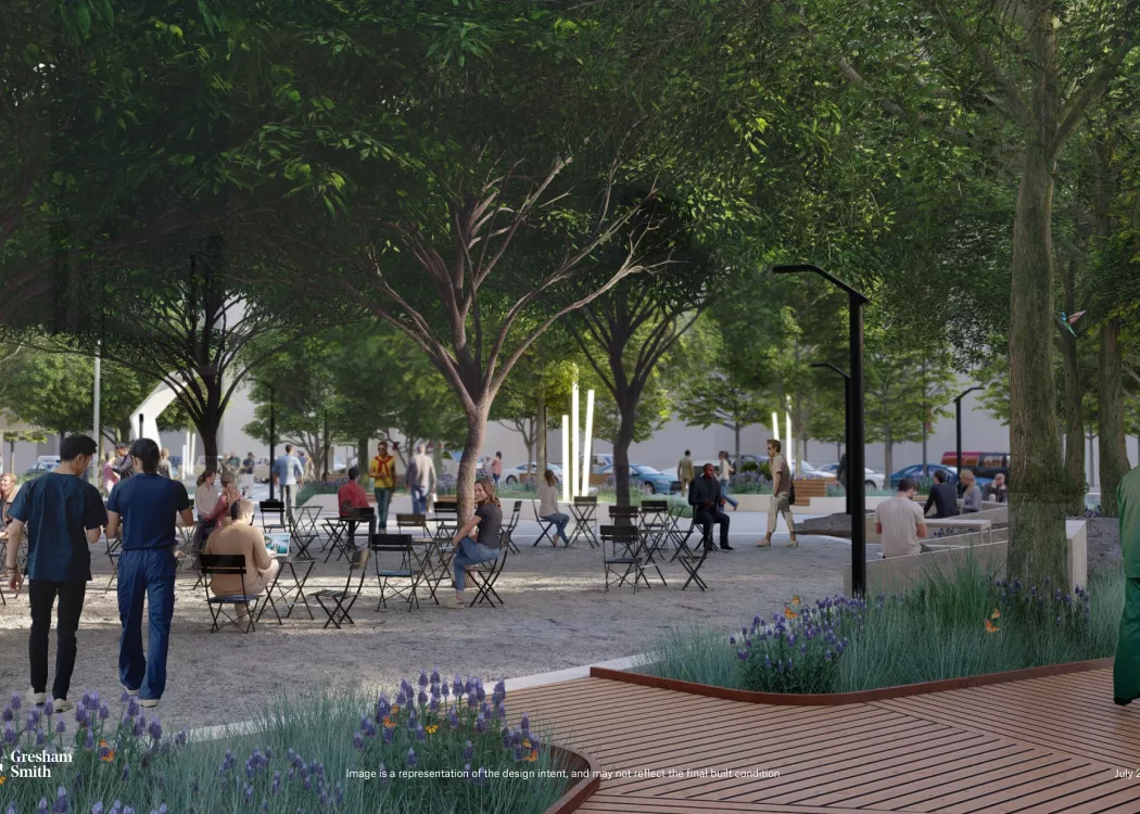 LOUMED Commons rendering of the seating grove area.