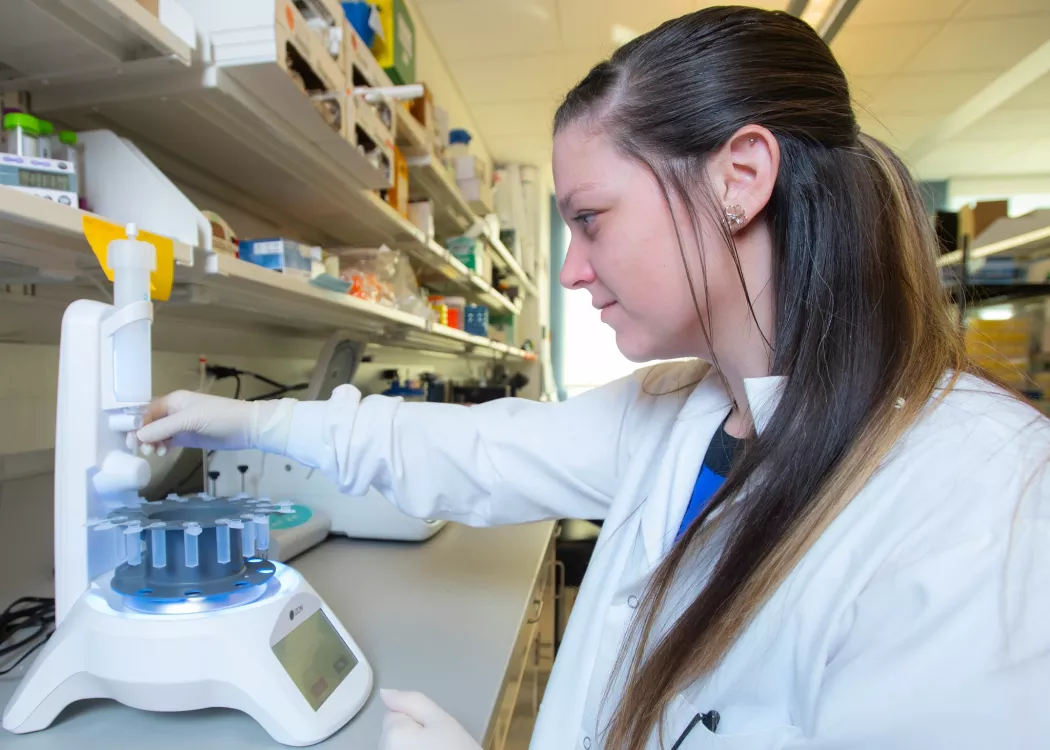 Katelyn Sheneman working at a lab bench