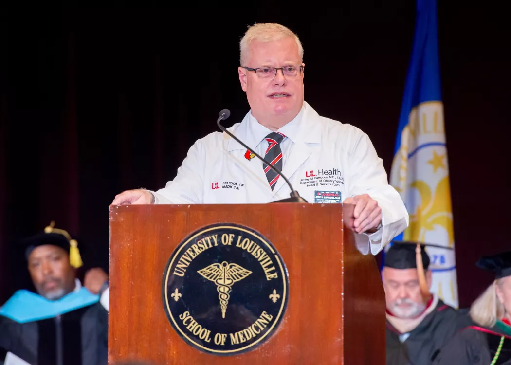 Jeffrey Bumpous addressing the crowd at the white coat ceremony.